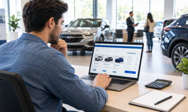 A car buyer reviewing vehicle options and auto financing information on a laptop at a modern dealership Capital One Auto Navigator .