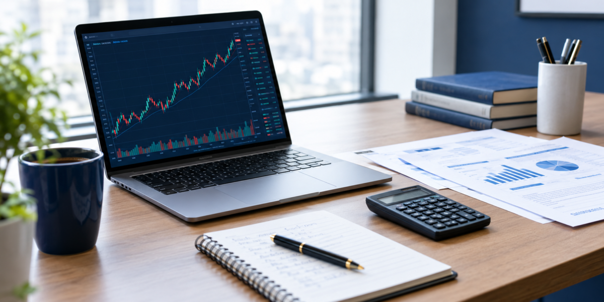 Create a realistic, premium editorial finance photograph for an article about the best stocks to buy now. Show a modern investor's desk with an open laptop displaying a generic stock market line chart, a financial notebook, a calculator, and neatly arranged research papers. Use a sophisticated navy blue, white, and neutral gray color palette, soft natural window lighting, subtle reflections, crisp details, and a professional investment research atmosphere. Composition should be clean, visually balanced, and suitable for a reputable personal finance website. Wide 16:9 landscape composition, 1200 × 675 pixels. No readable text, no company logos, no fabricated statistics, no fake account balances, no guaranteed returns, no watermarks.