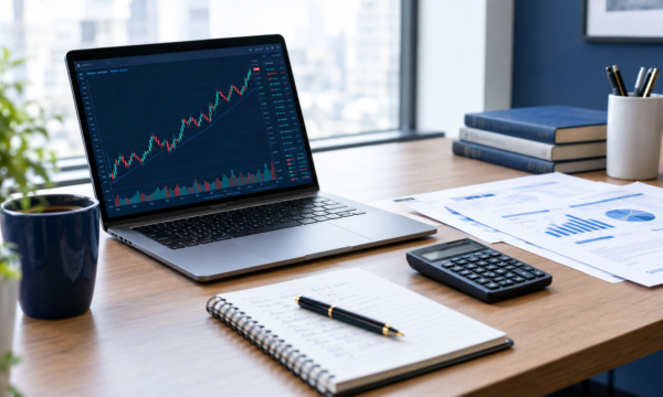 Create a realistic, premium editorial finance photograph for an article about the best stocks to buy now. Show a modern investor's desk with an open laptop displaying a generic stock market line chart, a financial notebook, a calculator, and neatly arranged research papers. Use a sophisticated navy blue, white, and neutral gray color palette, soft natural window lighting, subtle reflections, crisp details, and a professional investment research atmosphere. Composition should be clean, visually balanced, and suitable for a reputable personal finance website. Wide 16:9 landscape composition, 1200 × 675 pixels. No readable text, no company logos, no fabricated statistics, no fake account balances, no guaranteed returns, no watermarks.