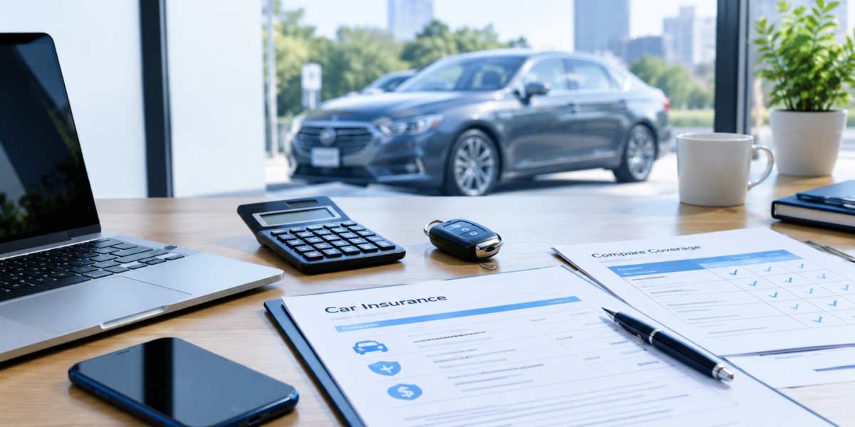 Car insurance comparison workspace with a vehicle, laptop, smartphone, calculator, and insurance documents.