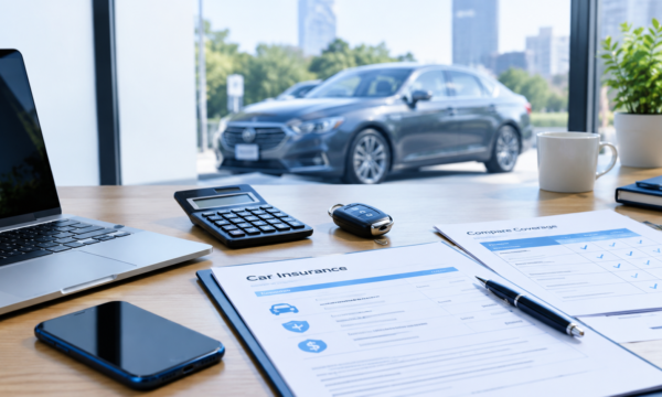 Car insurance comparison workspace with a vehicle, laptop, smartphone, calculator, and insurance documents.