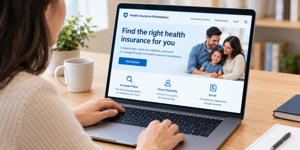 Consumer comparing health insurance plans on a laptop at a modern desk.