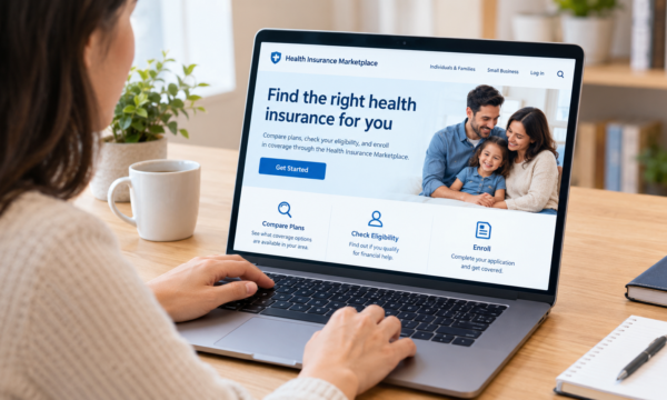 Consumer comparing health insurance plans on a laptop at a modern desk.
