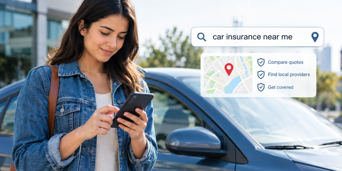 Driver comparing car insurance options with a laptop, smartphone, car keys, and vehicle in the background.