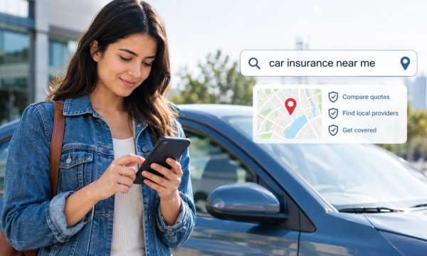 Driver comparing car insurance options with a laptop, smartphone, car keys, and vehicle in the background.