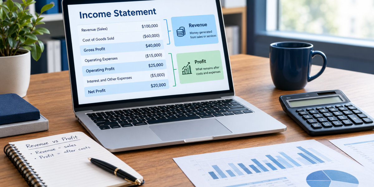 Professional finance workspace illustrating the difference between revenue and profit using an income statement concept.