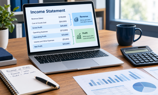 Professional finance workspace illustrating the difference between revenue and profit using an income statement concept.