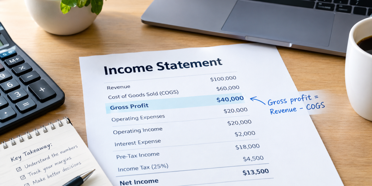 Financial analyst reviewing an income statement to calculate gross profit from net sales and cost of goods sold.