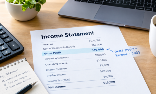 Financial analyst reviewing an income statement to calculate gross profit from net sales and cost of goods sold.