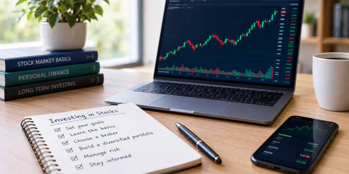 Professional investing workspace with laptop showing a generic Invest in Stocks market chart, smartphone, calculator, and financial planning notebook.