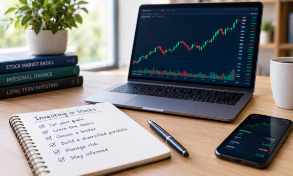 Professional investing workspace with laptop showing a generic Invest in Stocks market chart, smartphone, calculator, and financial planning notebook.