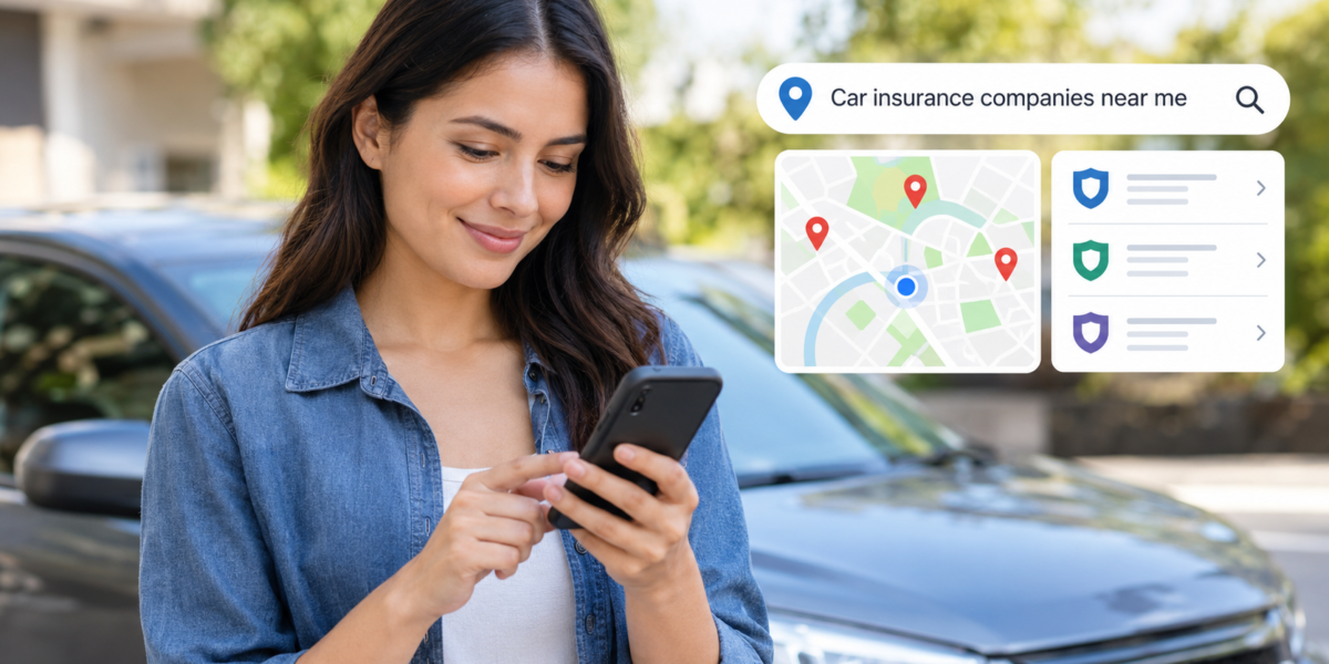 Car insurance research with a vehicle, smartphone, car keys and insurance documents near a local insurance office.