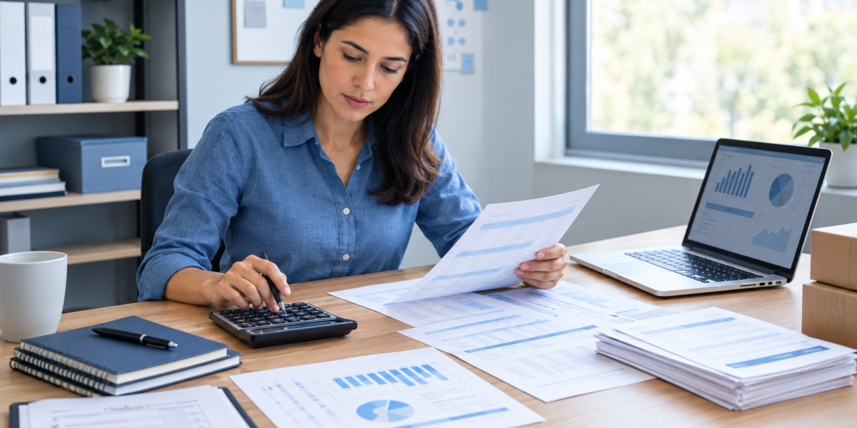Small business owner reviewing cash flow reports, inventory records, and supplier invoices to manage working capital.