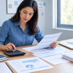 Small business owner reviewing cash flow reports, inventory records, and supplier invoices to manage working capital.