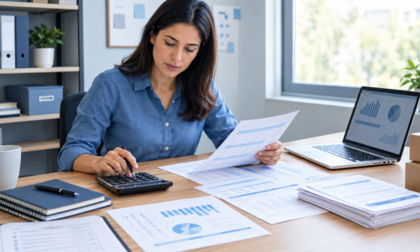 Small business owner reviewing cash flow reports, inventory records, and supplier invoices to manage working capital.