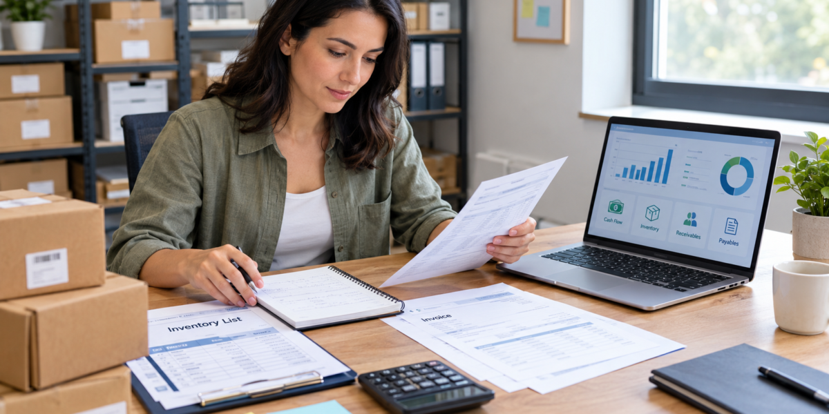 Small-business owner reviewing financial records and inventory reports to working capital management and cash flow.