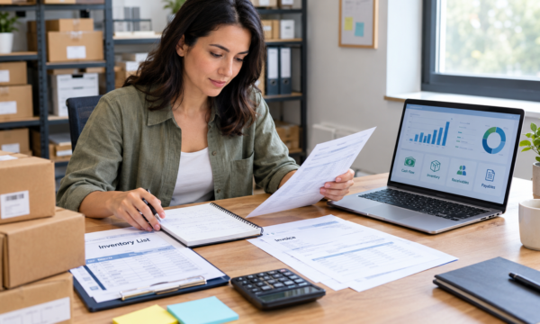 Small-business owner reviewing financial records and inventory reports to working capital management and cash flow.