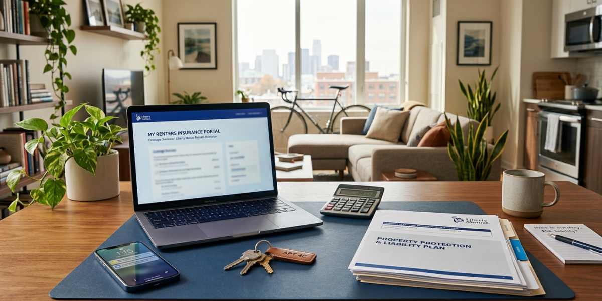 Modern apartment desk with laptop, keys, calculator, smartphone, and generic renters insurance paperwork.