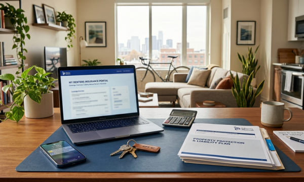 Modern apartment desk with laptop, keys, calculator, smartphone, and generic renters insurance paperwork.