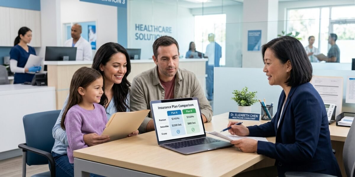 Person comparing health insurance plans on a laptop at a desk with a calculator and healthcare paperwork.