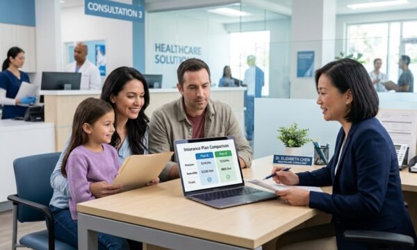 Person comparing health insurance plans on a laptop at a desk with a calculator and healthcare paperwork.