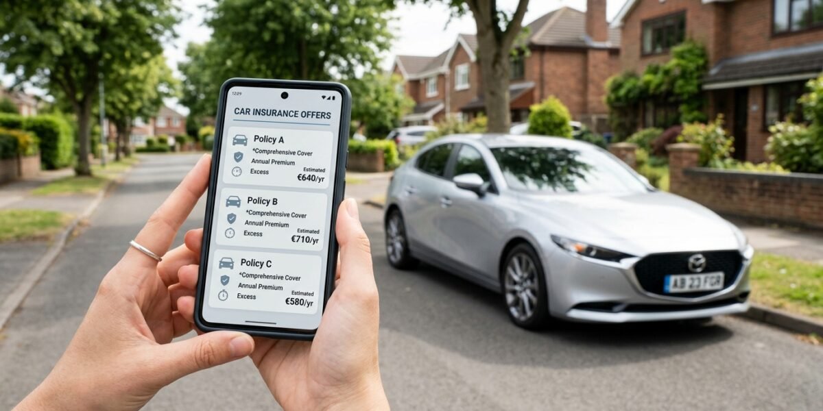 Modern car beside a smartphone showing a generic car insurance quote comparison