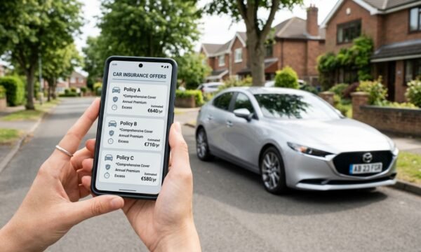 Modern car beside a smartphone showing a generic car insurance quote comparison