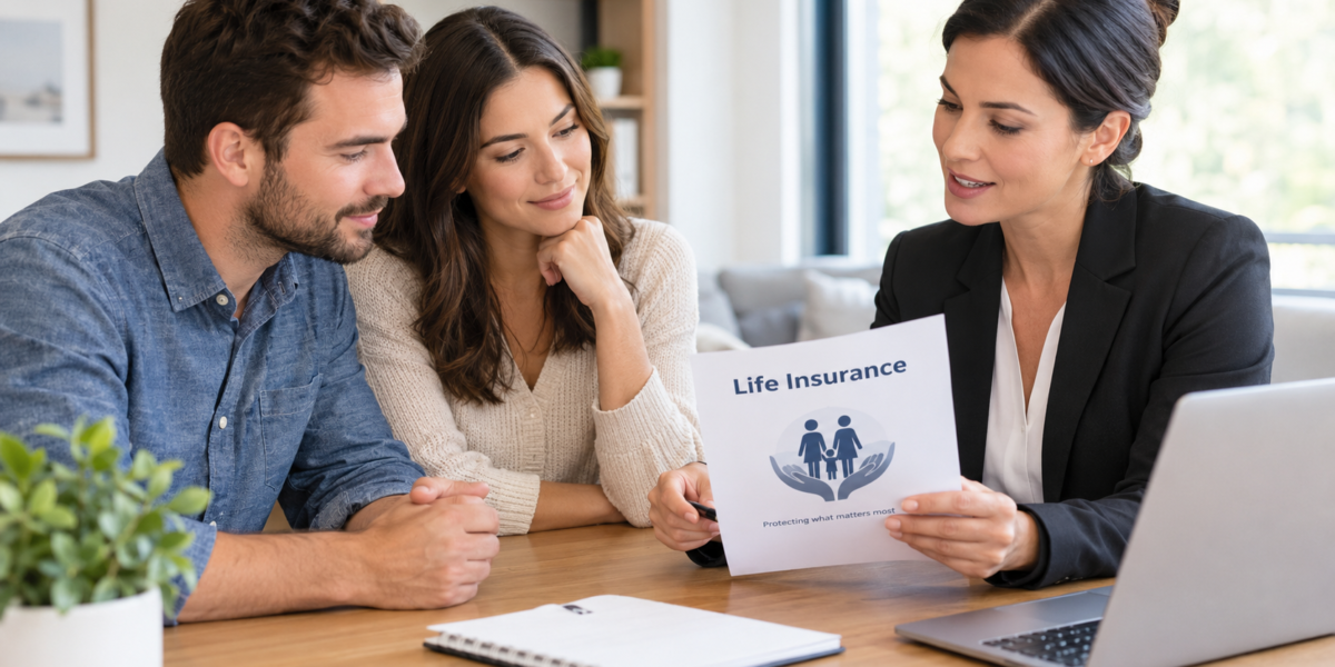 Financial planning desk with insurance paperwork, calculator, laptop, and family photo representing life insurance protection.