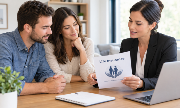 Financial planning desk with insurance paperwork, calculator, laptop, and family photo representing life insurance protection.