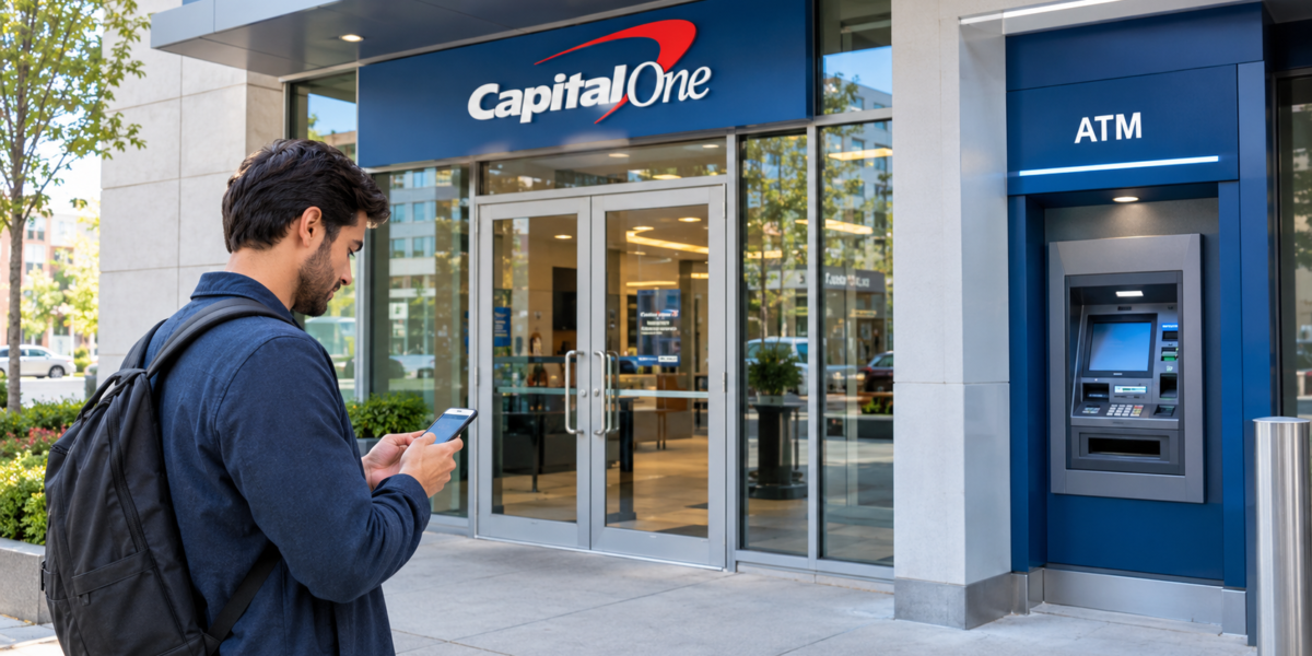 A customer checking a smartphone near an ATM outside a modern American bank branch Capital One near me.