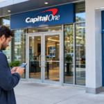 A customer checking a smartphone near an ATM outside a modern American bank branch Capital One near me.
