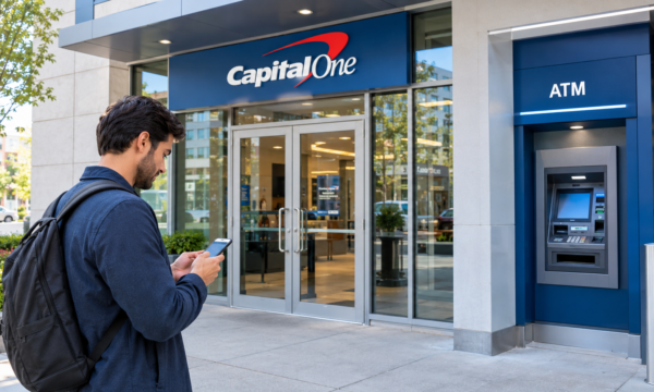 A customer checking a smartphone near an ATM outside a modern American bank branch Capital One near me.