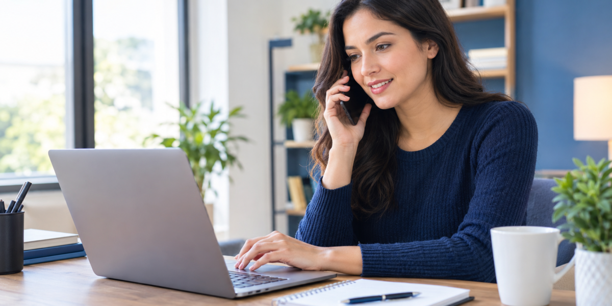 Customer contacting financial services support by phone while using a laptop at a home office desk capital one customer service.