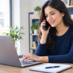 Customer contacting financial services support by phone while using a laptop at a home office desk capital one customer service.