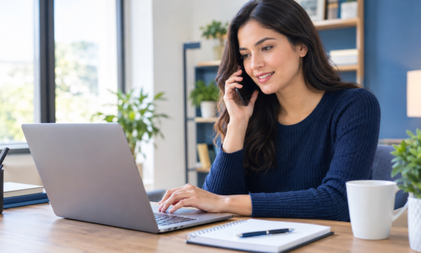 Customer contacting financial services support by phone while using a laptop at a home office desk capital one customer service.