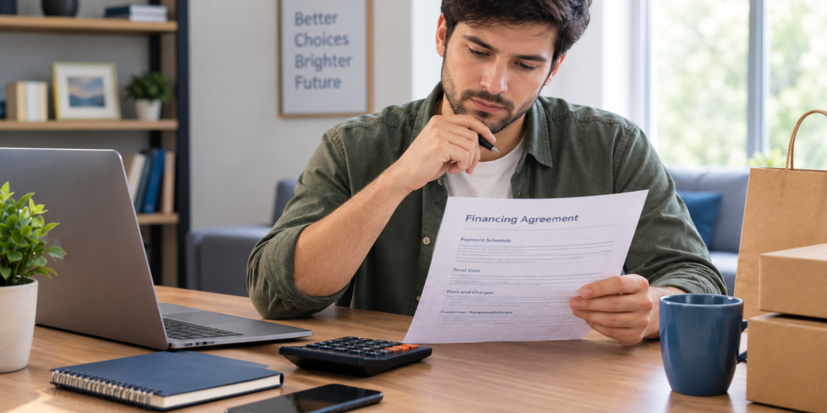 A consumer reviewing a retail financing agreement and calculating installment payments at a desk.