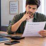 A consumer reviewing a retail financing agreement and calculating installment payments at a desk.