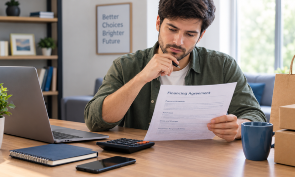 A consumer reviewing a retail financing agreement and calculating installment payments at a desk.